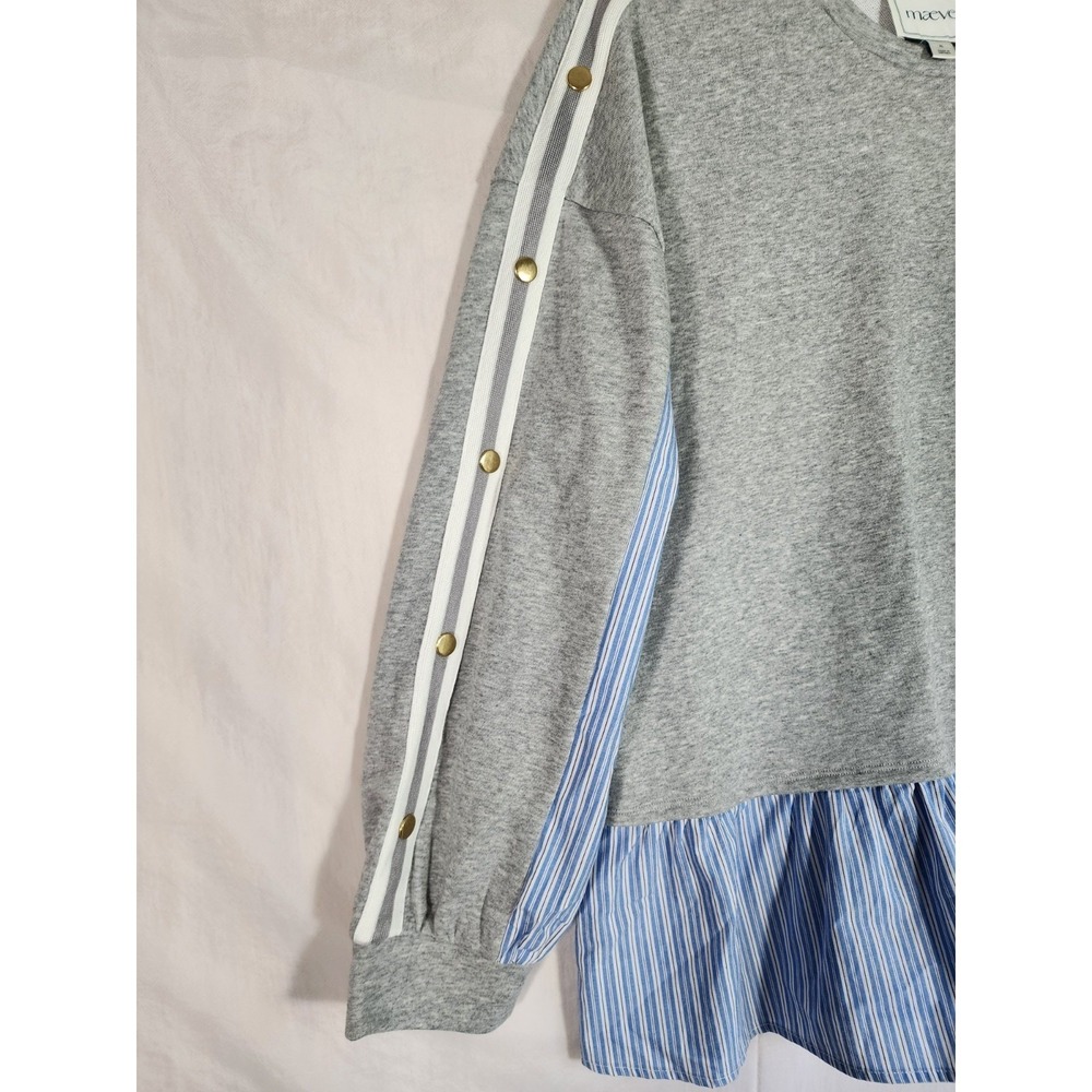 Maeve Anthropologie XL Mixed Media Ruffle Sweatshirt Gray Blue Top Preppy Boho - Picture 6 of 8